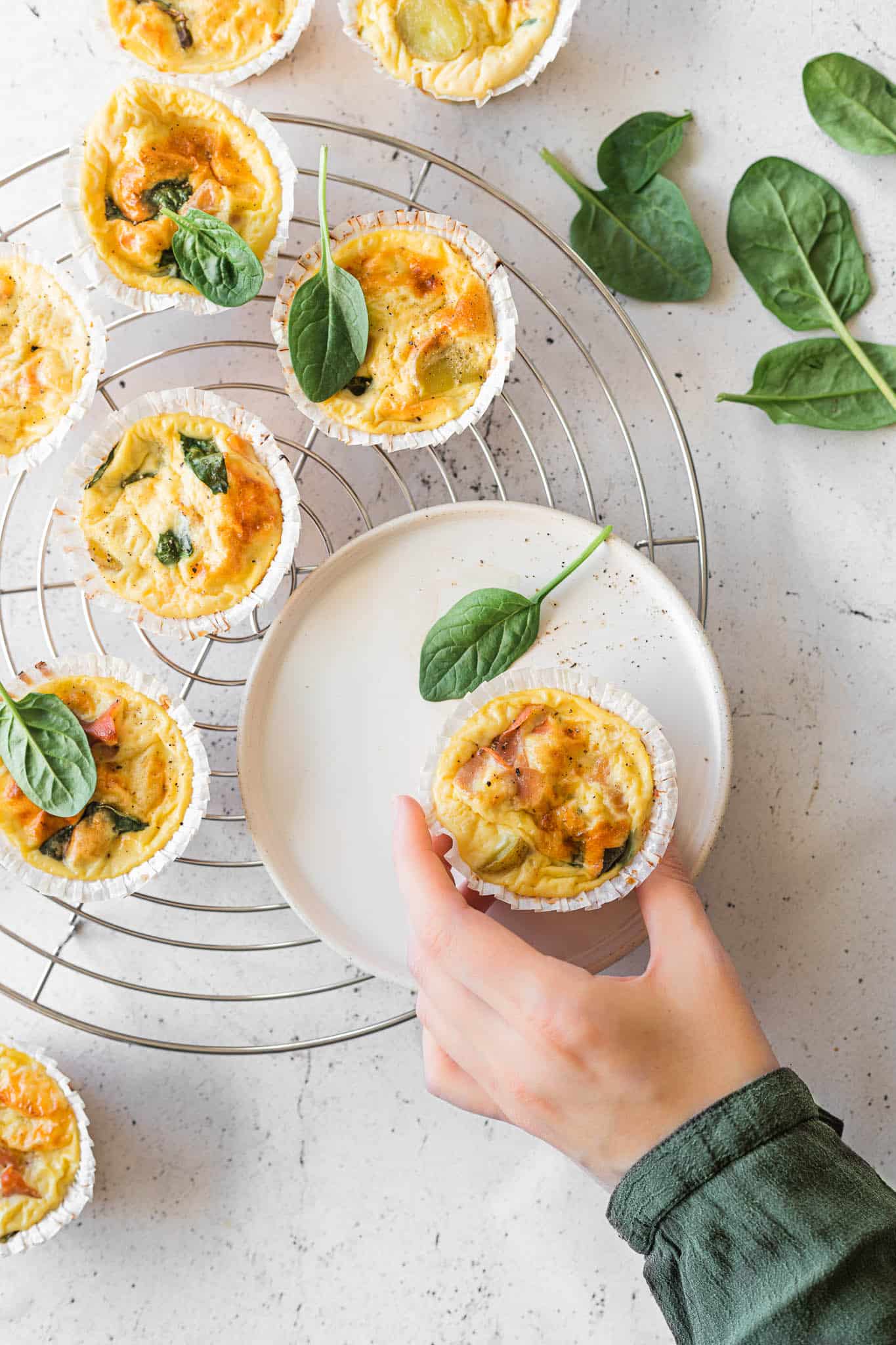 Nemme og lækre små æggemuffins fyldt med laks, kartofler og spinat. Perfekte til både brunch og på madpakken. 